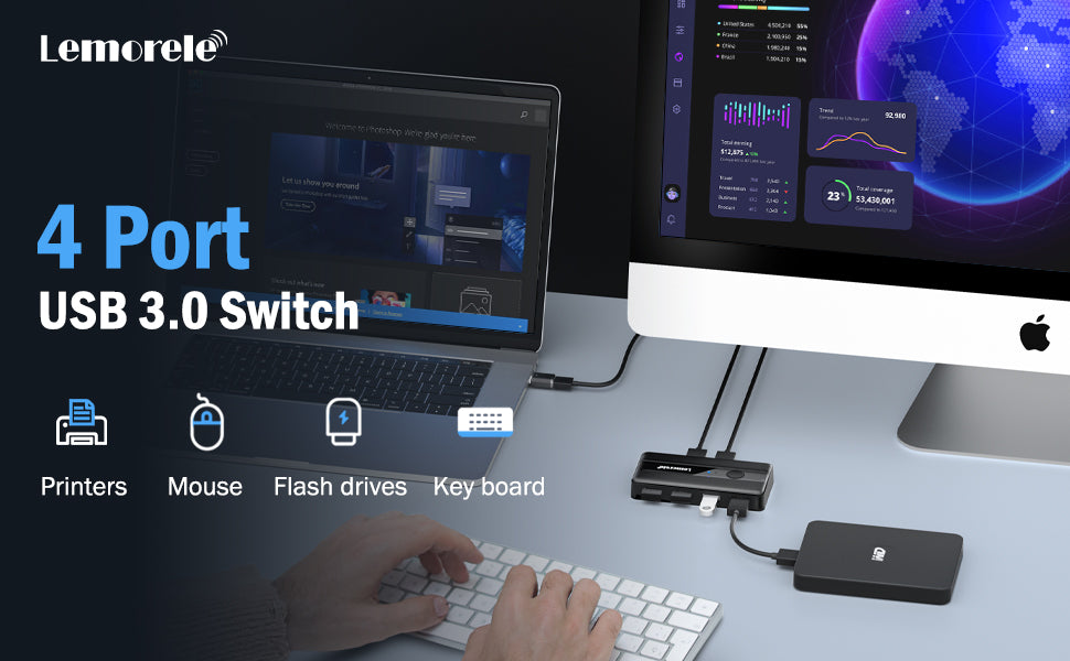 Lemorele USB 3.0 Switch Selector 2 Computers Sharing 4 USB Devices 4-Port USB Peripheral KVM Switcher Box for PC【H5】Lemorele Kenya